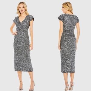 Mac Duggal 10766 Gray Sequined Cap Sleeve Wrap Over Cocktail Dress NWT Platinum